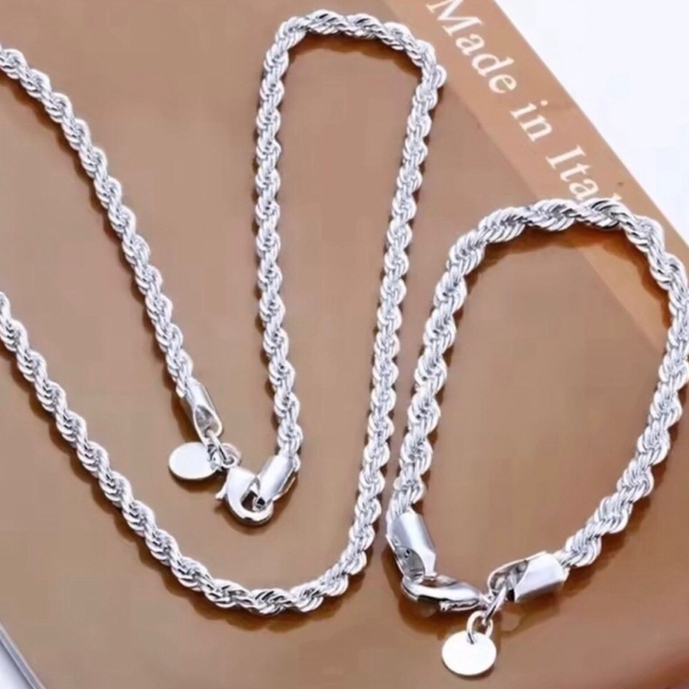 Sterling Silver Rope Chain Necklace and Bracelet Set